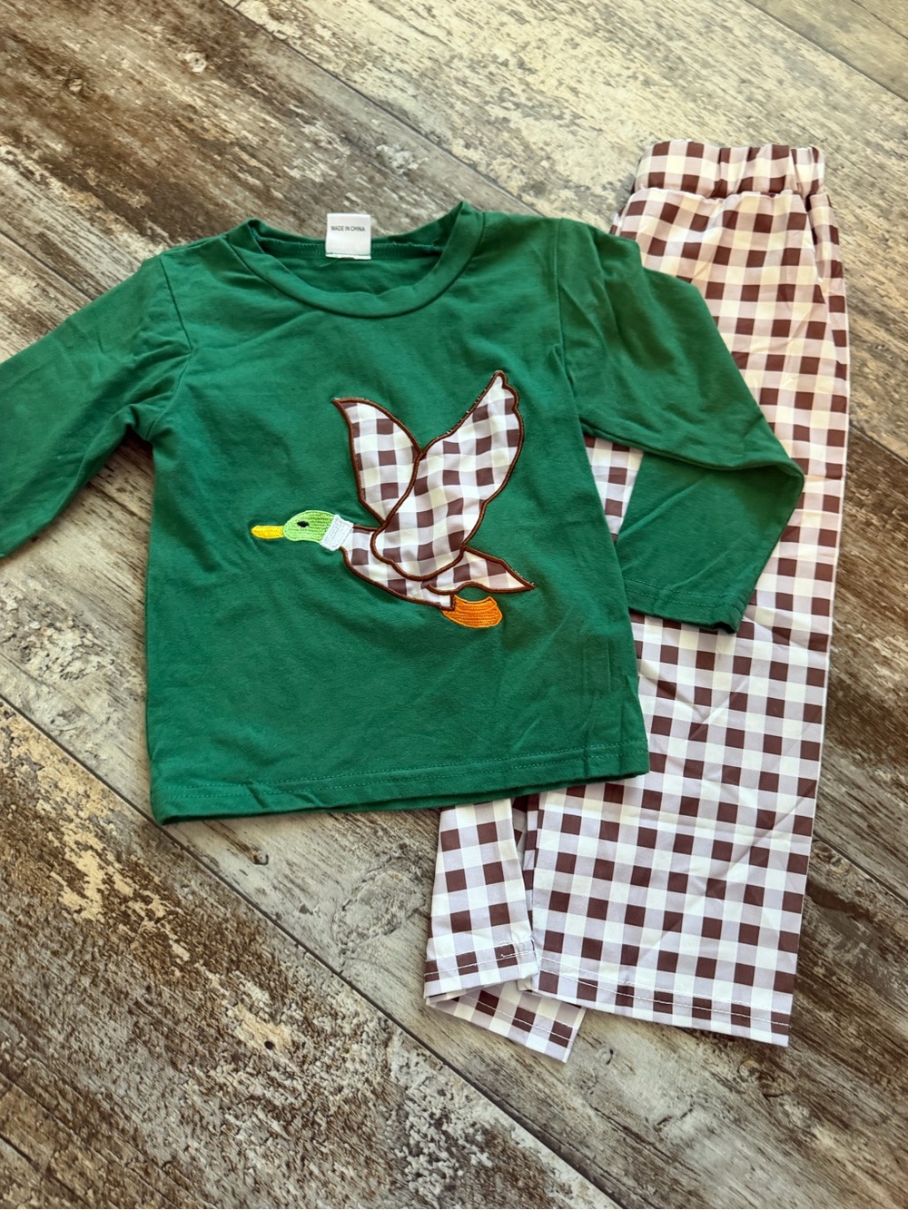 Green Duck Applique Kids Set - Plaid Pants